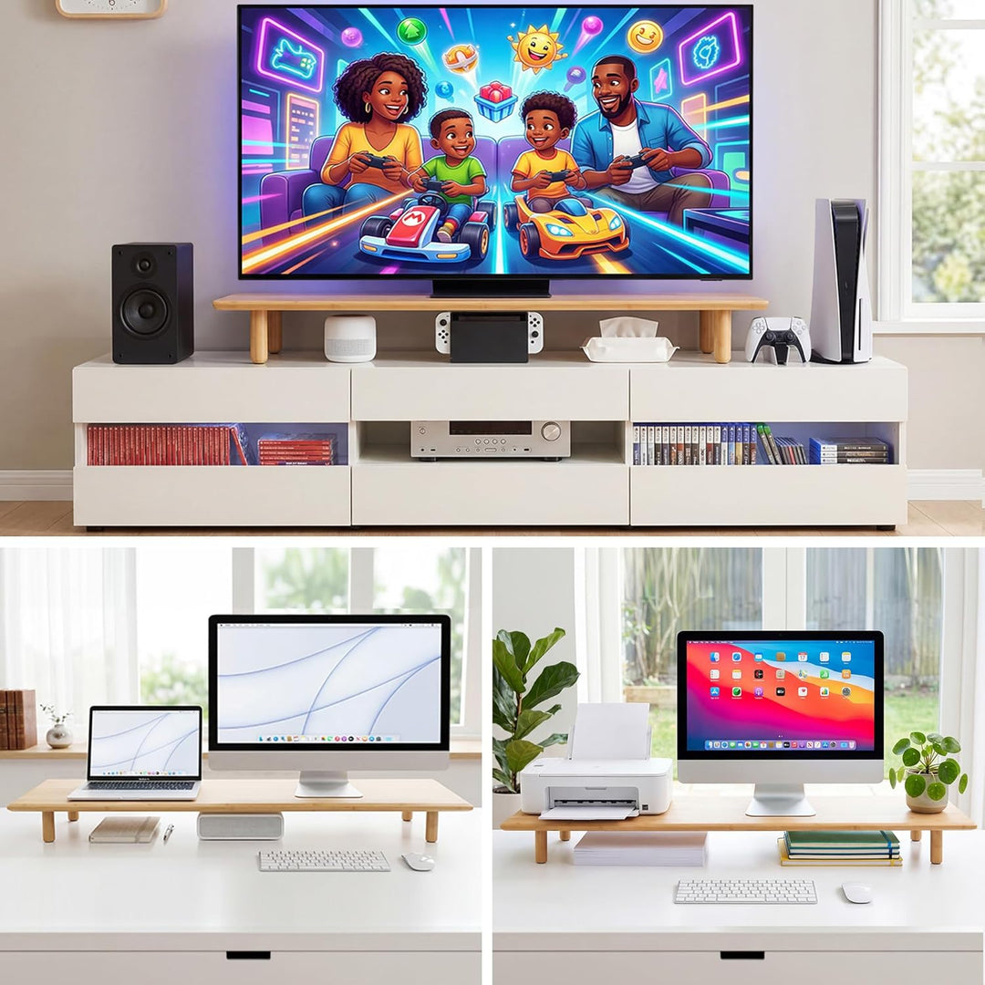Bamboo Dual Monitor Ständer mit Ablagefach - Ergonomischer Schreibtischorganizer fürs Home Office, W