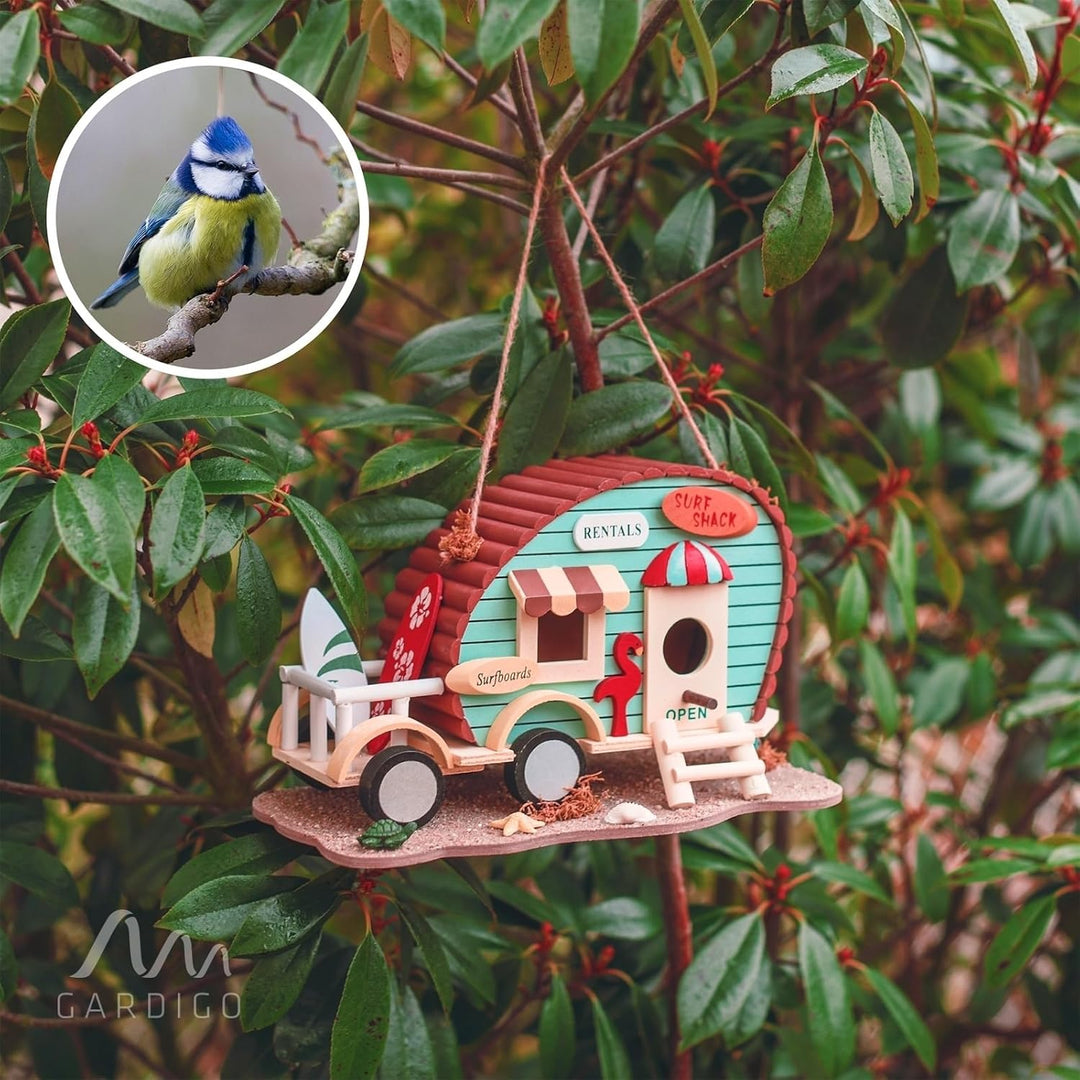 GARDIGO® Vogelhaus in Wohnwagen-Optik I Dekorativer Meisen Nistkasten für Garten Terrasse oder Balko