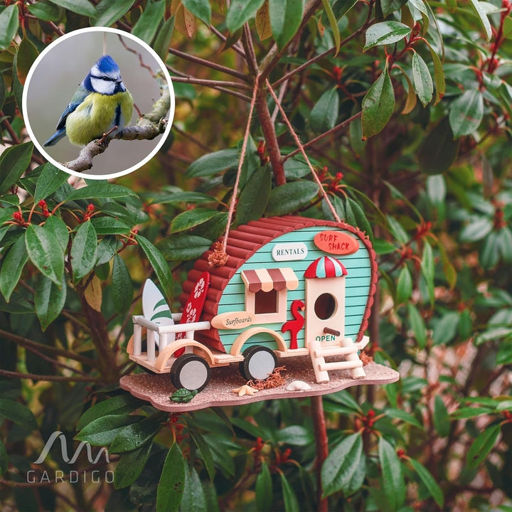 GARDIGO® Vogelhaus in Wohnwagen-Optik I Dekorativer Meisen Nistkasten für Garten Terrasse oder Balko