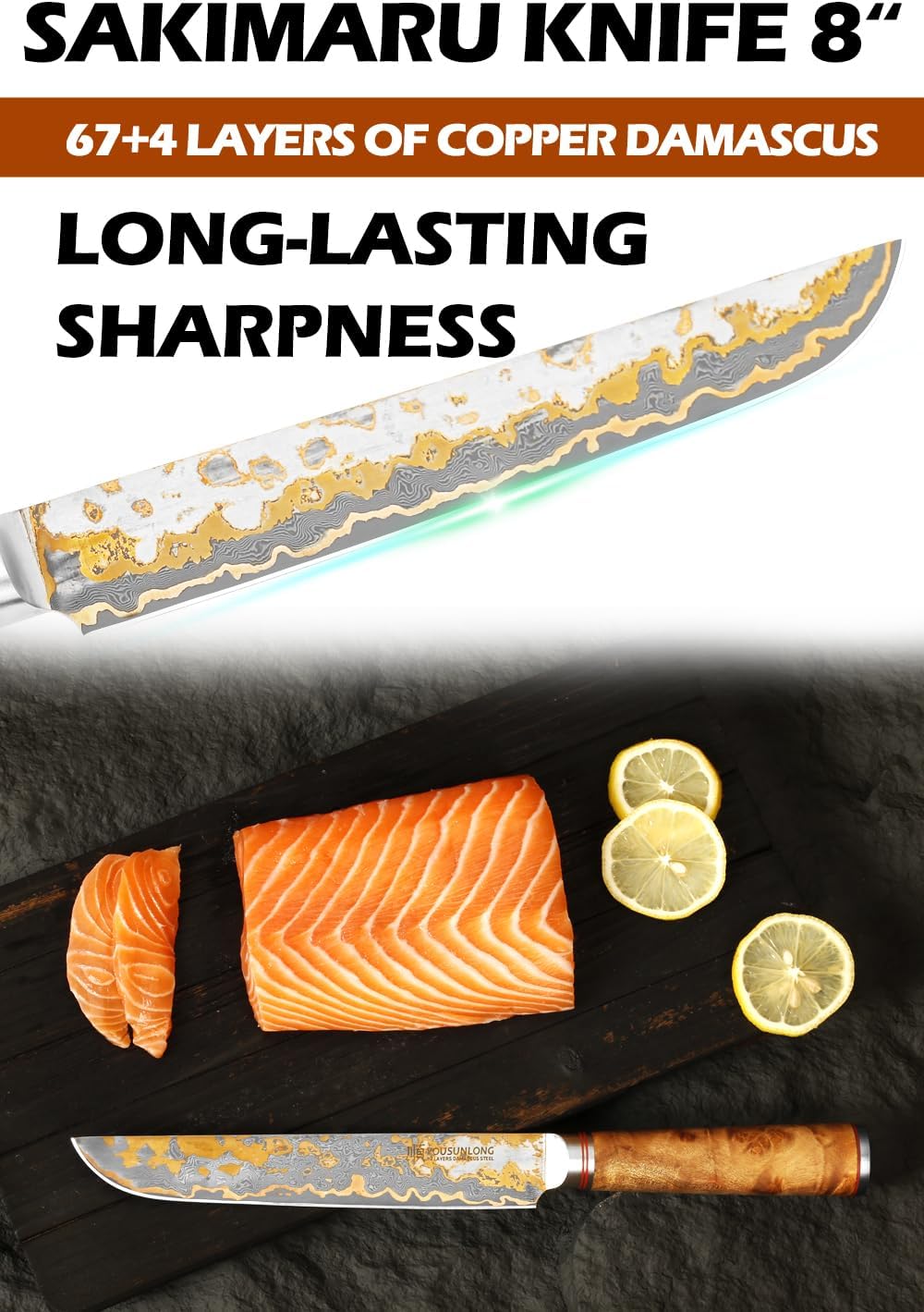 YOUSUNLONG Sakimaru Messer 200mm - Japanisches Sushi Messer - Handgefertigtes Kupfer Damaszener Stah