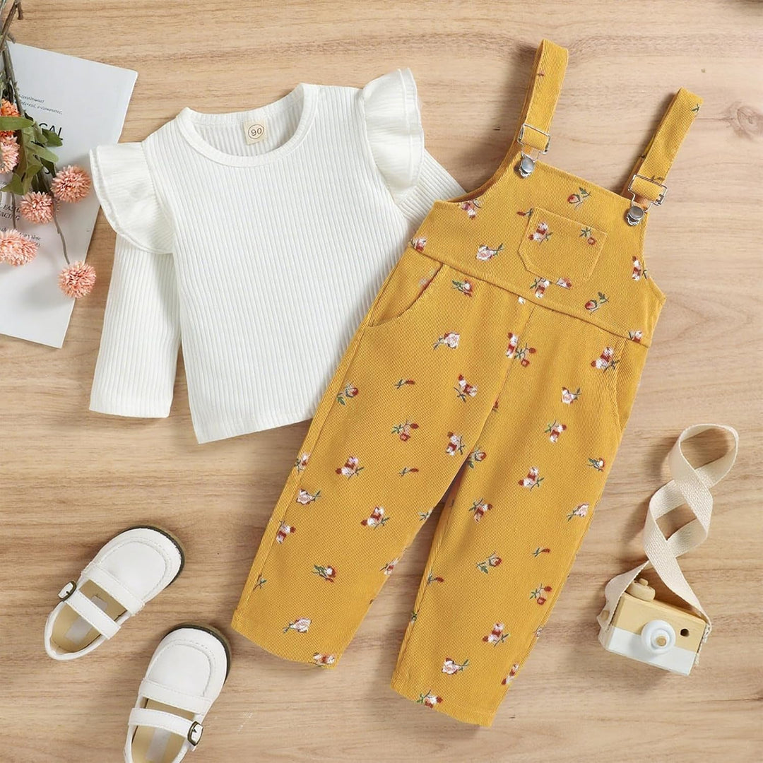 Baby Mädchen Kleidung Rippstrick Langärmelig Oberteile Blumenmuster Hosenträgerhose mit Tasche Outfi