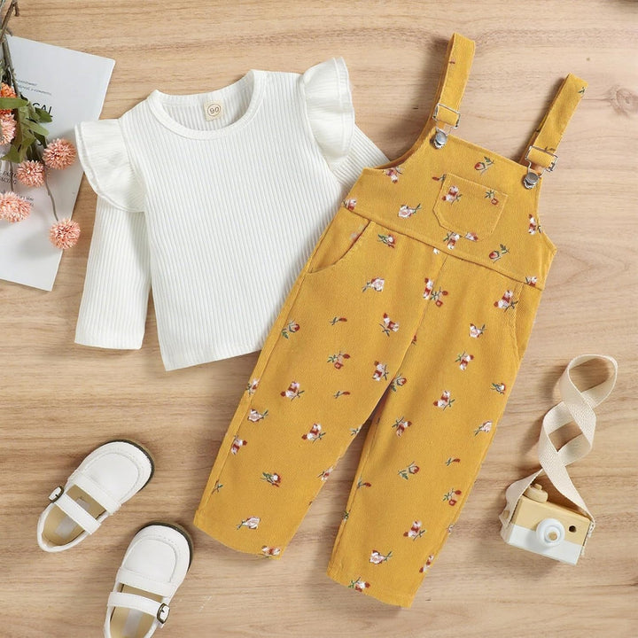 Baby Mädchen Kleidung Rippstrick Langärmelig Oberteile Blumenmuster Hosenträgerhose mit Tasche Outfi
