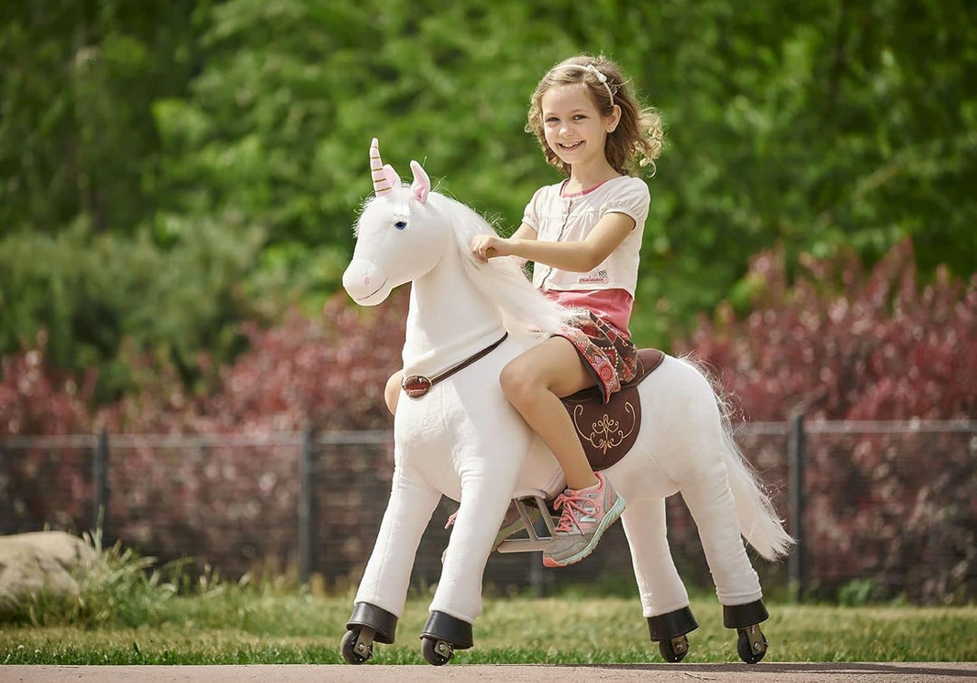 PONNIE Einhorn mit Rollen M (5-12 Jahre), Unicorn zum Reiten mit Abnehmbarer Braun Sattel und Halfte