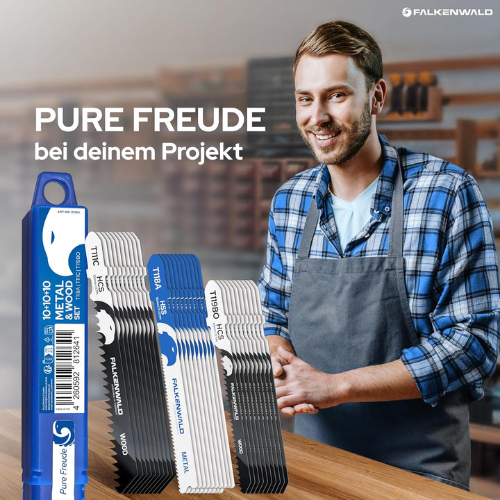 FALKENWALD® Stichsägeblätter Set 30tlg 20x Holz + 10x Metall - T-Schaft HCS & HSS - Für Weichholz, H