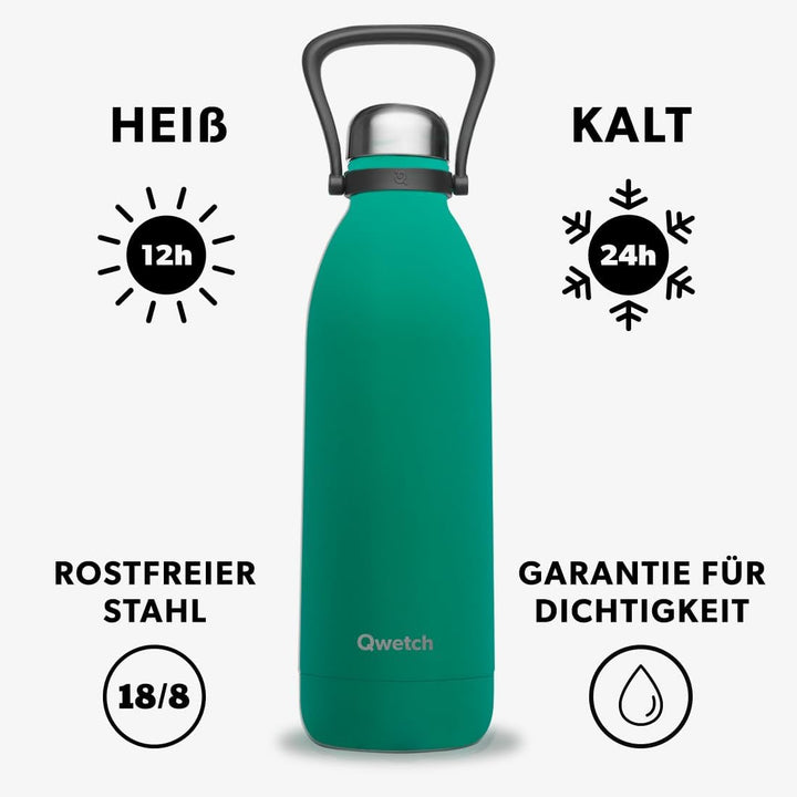 QWETCH - Isothermische Flasche - Titan Matt Grün 1,5 L - 48h kalt &amp; 16h heiss - BPA frei, wasserdich