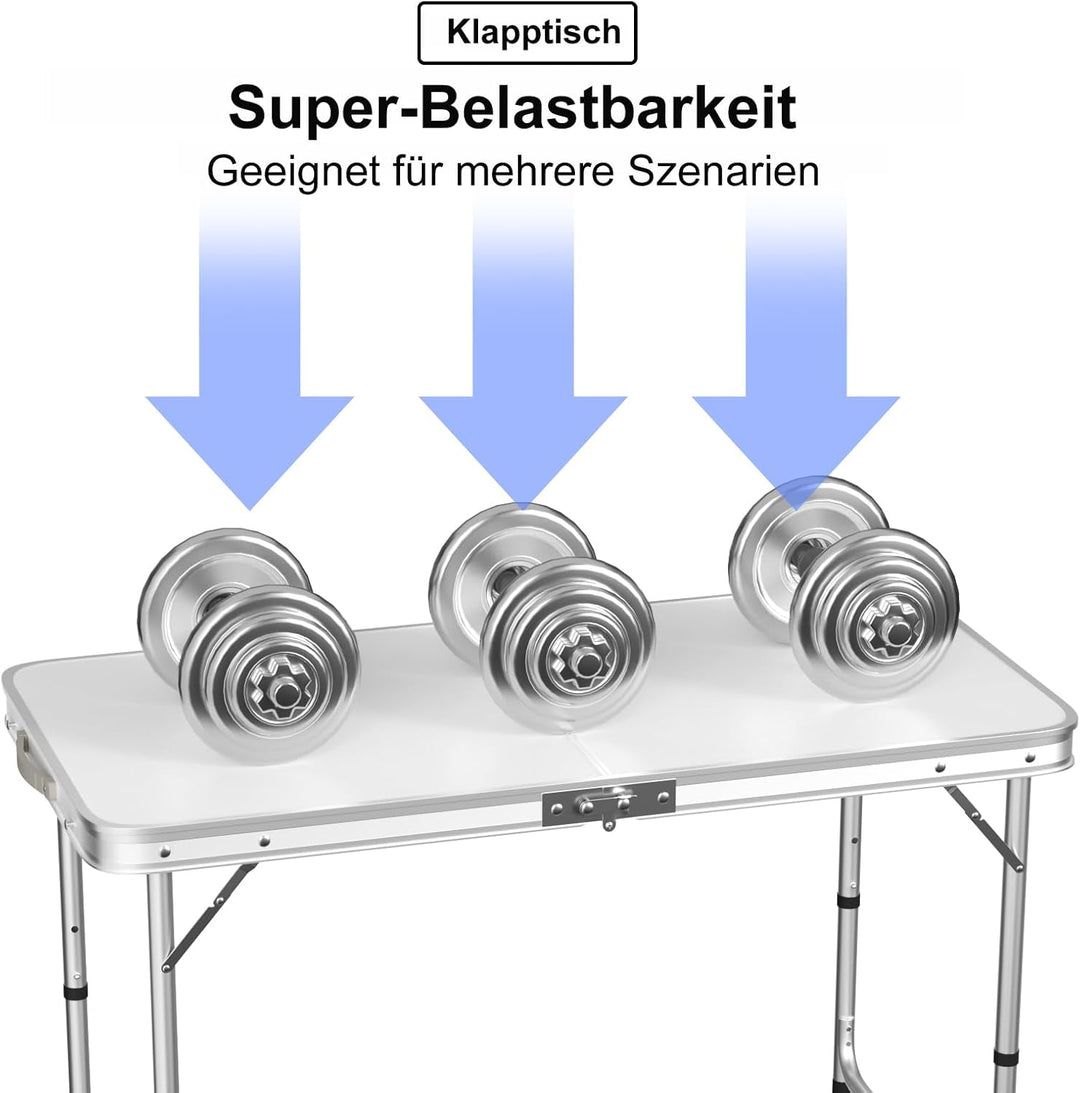 Campingtisch Klapptisch 120x60cm Höhenverstellbar 55/62/70cm, Leicht & Kompakt Klapptisch mit Alumin
