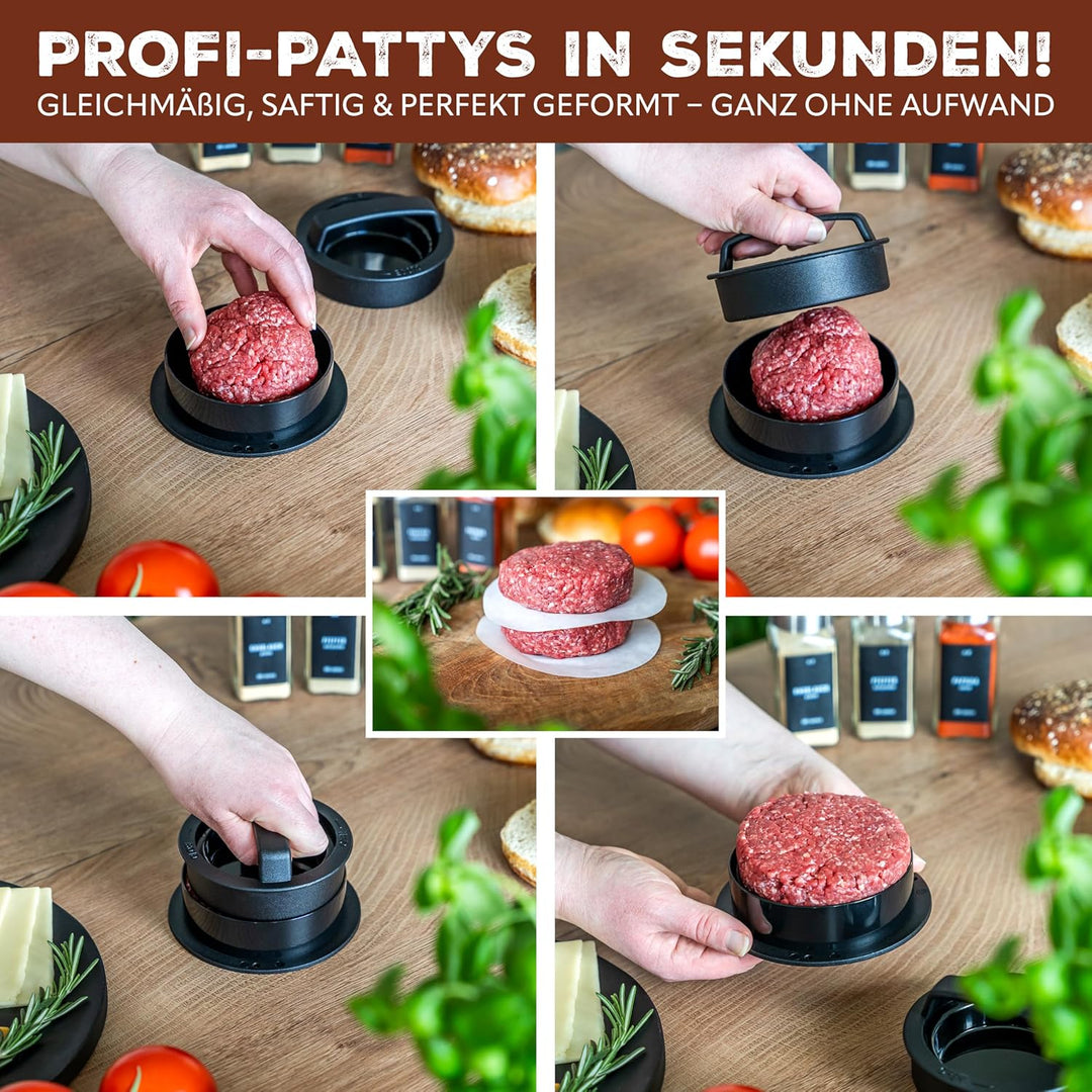 eluno Burger-Set 6tlg. inklusive Burgerpresse mit Burgerpapier, Grillwender, Zwei Burgerhauben und V