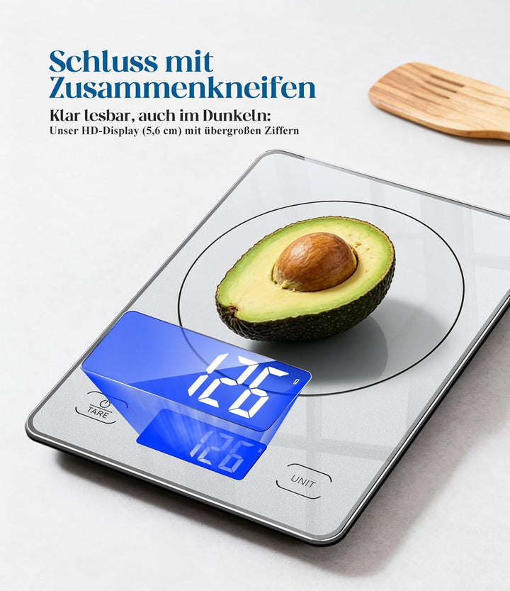 Küchenwaage Digital mit 15 kg Tragkraft, 5 Einheiten in g/ml/fl'oz, Präzise Waage Küche mit Grossem