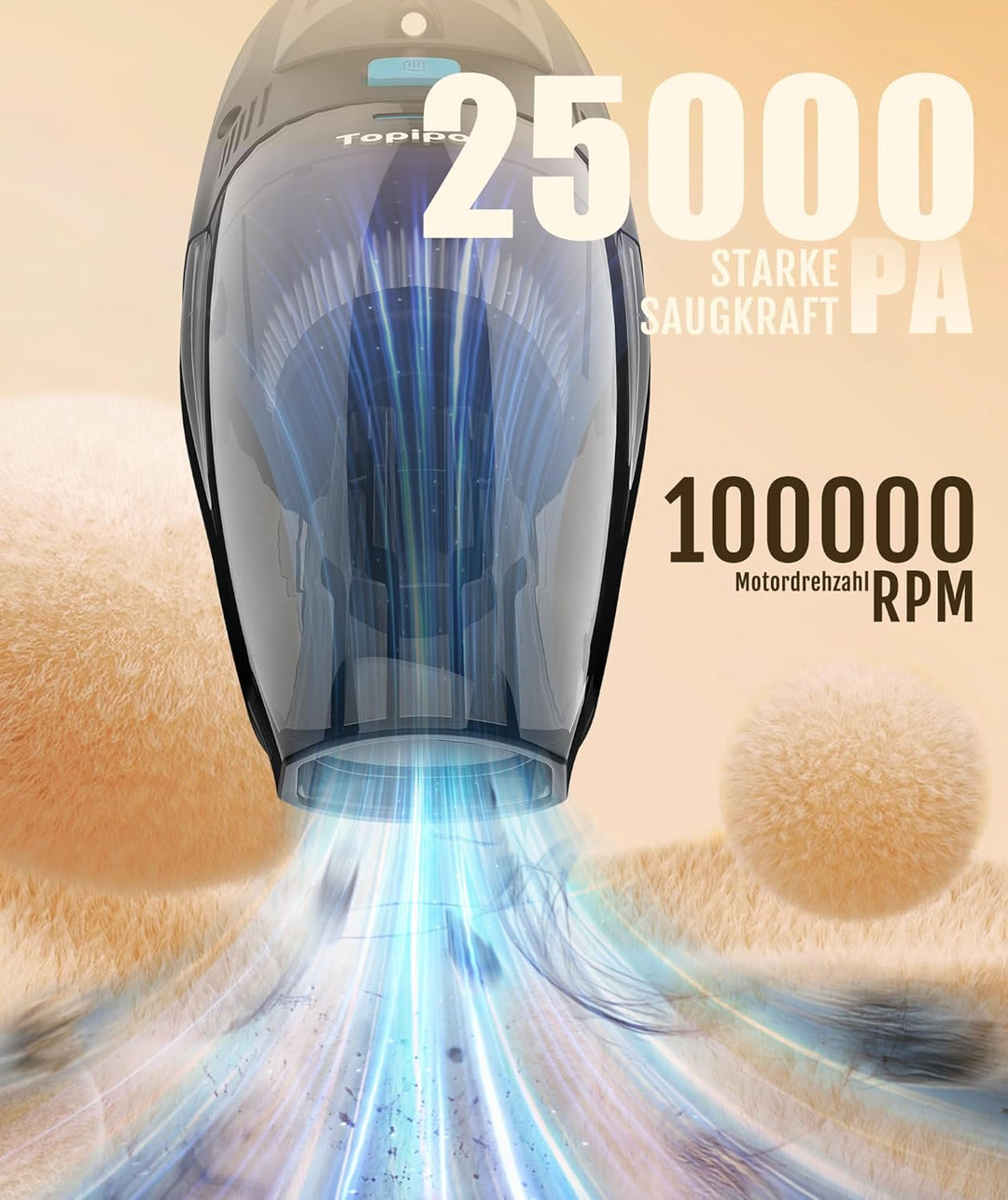 Handstaubsauger Akku mit 25000Pa Starke Saugkraft,Kabelloser Staubsauger mit HEPA-Filter & Aufsätzen