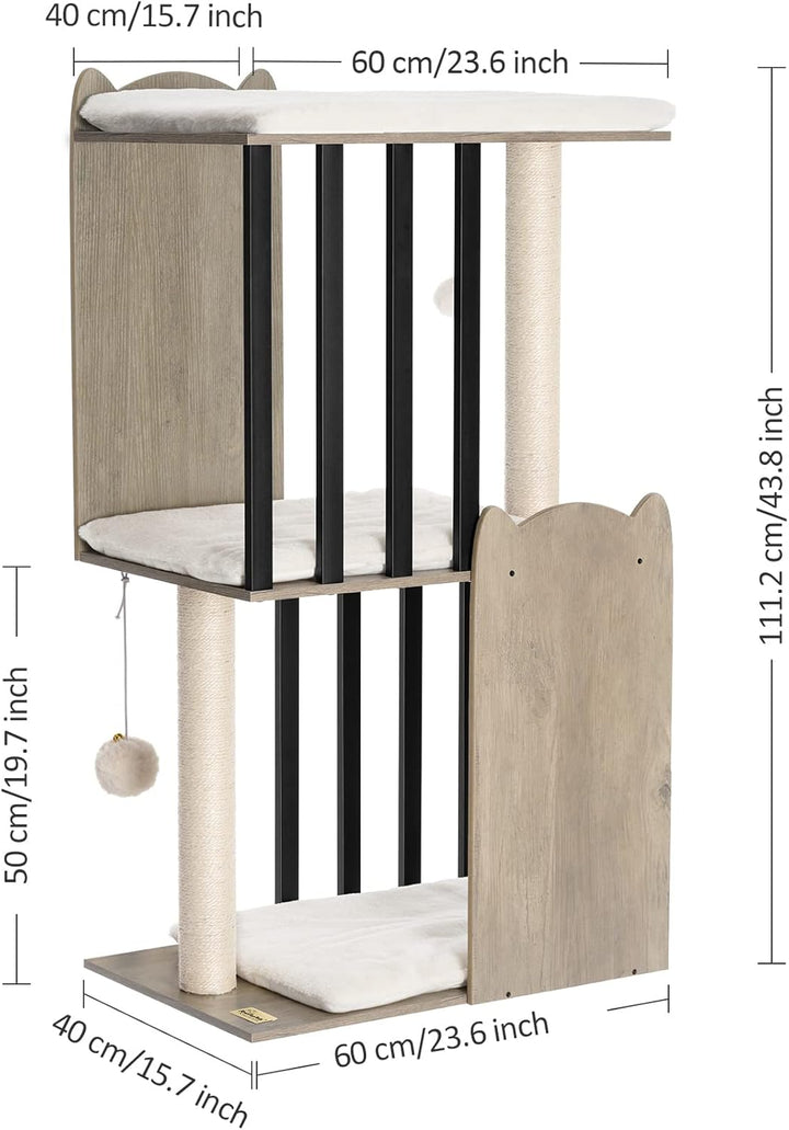 FourFurPets 3-stufiger moderner Kratzbaum, 111 cm hoch, Katzenbaum, mit 2 Voll Sisal Kratzsäulen, 3