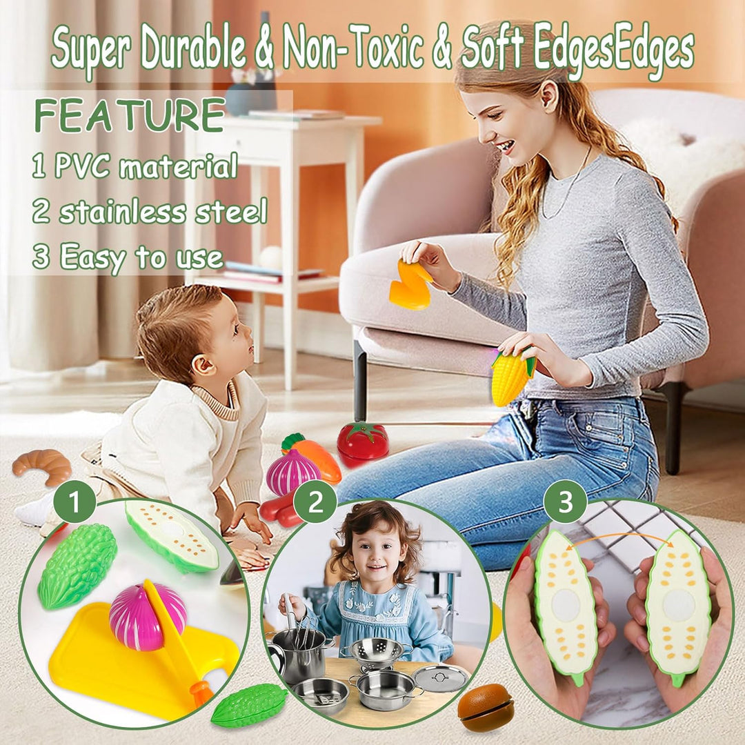 FAMKEEP 30Pcs Küchenspielzeug Zubehör Kinderküche Kochgeschirr Pfannenset Schürze und Kochmütze für