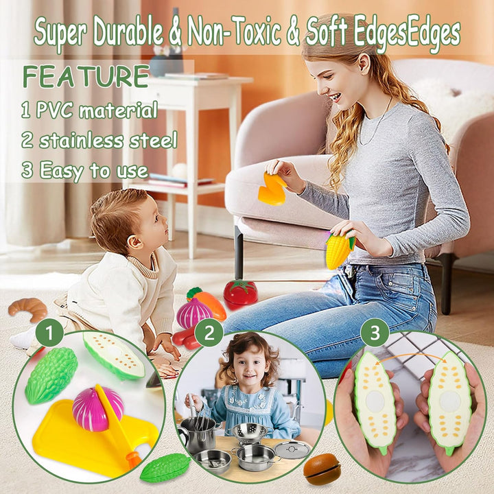 FAMKEEP 30Pcs Küchenspielzeug Zubehör Kinderküche Kochgeschirr Pfannenset Schürze und Kochmütze für