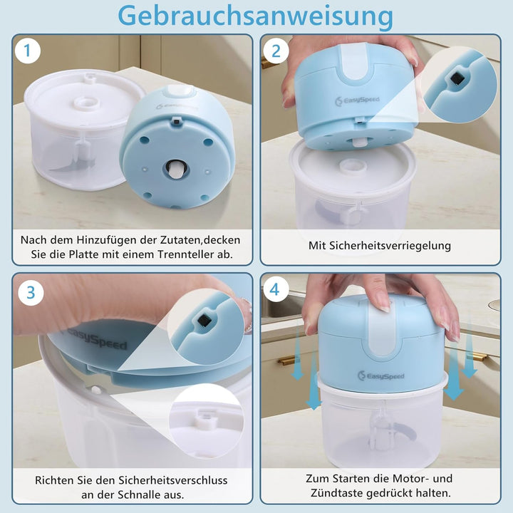 EASYSPEED Zerkleinerer Elektrisch Mini, 250ml, Gemüsezerkleinerer, USB Type-C Aufladung, Tragbar Zer