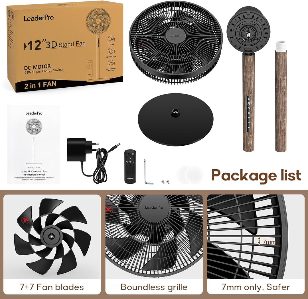 Neu DC Standventilator mit Bildschirm-12.8dB sehr Leise Ventilator mit Fernbedienung, 8 Stufen, Höhe