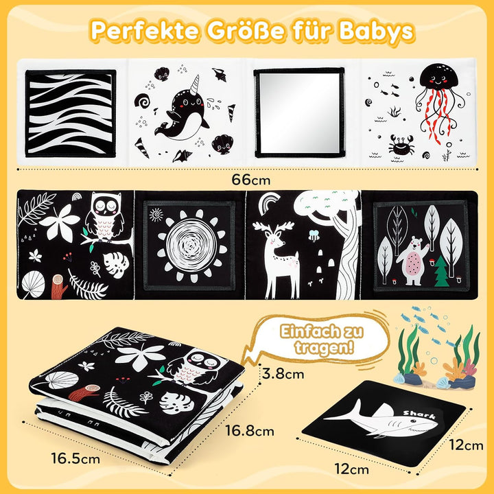 URMYWO Kontrastkarten Baby, Schwarz Weiss Doppelseitig Baby Stoffbuch, Kontrastbuch für Neugeborene