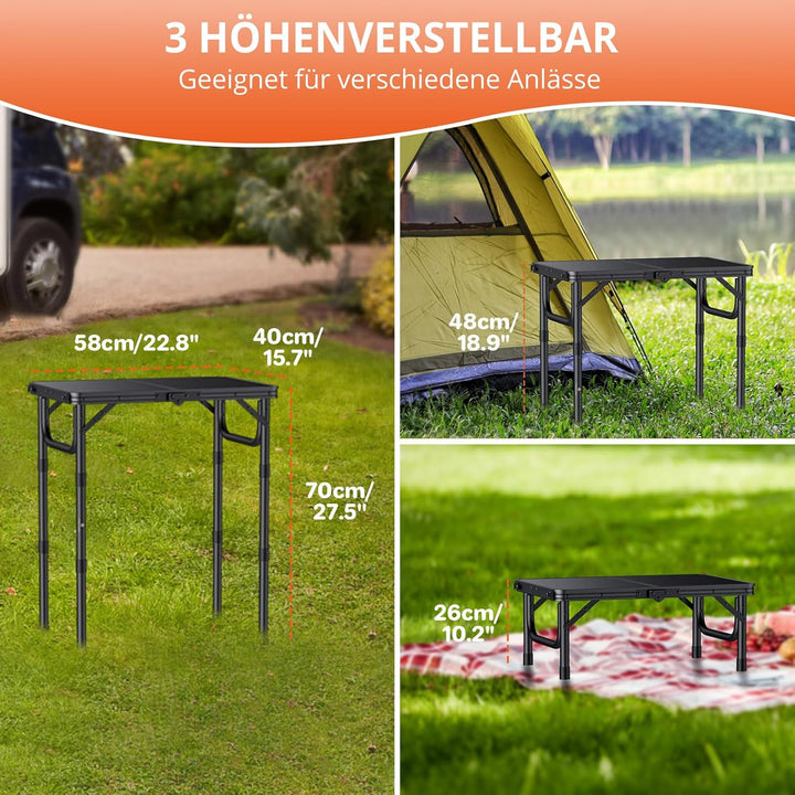 FUNYKICH Campingtisch Klapptisch 58x40cm, Faltbarer Grilltisch mit 3 Höhen Verstellbarer(26/48/70cm)