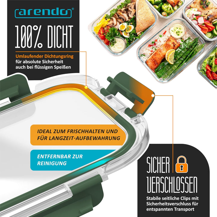Arendo - Lunchboxen Glas - Frischhaltedosen für Lebensmittel mit Deckel luftdicht - 5er Set - 1000 m