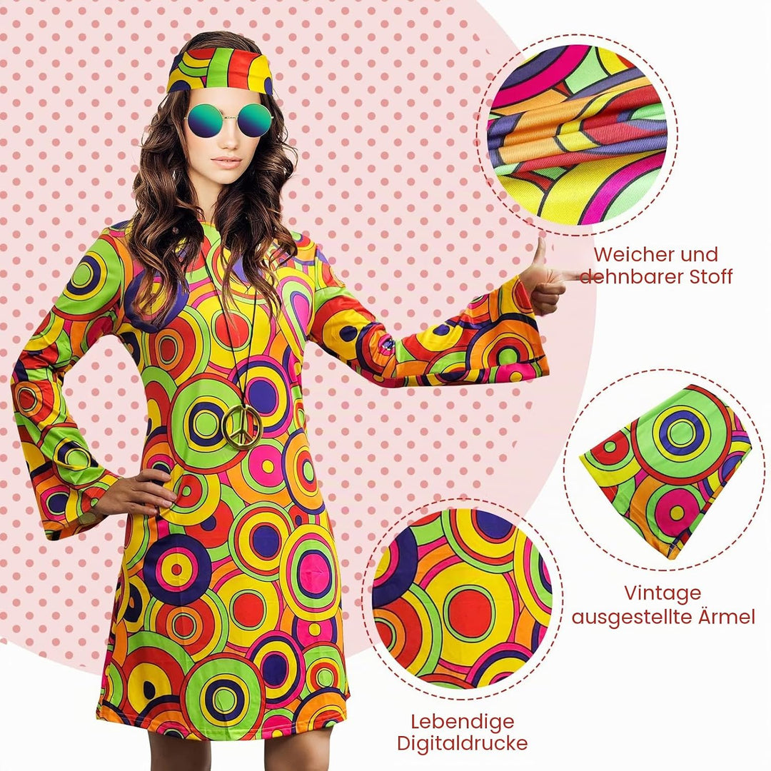 Damen-Hippie-Kleid, 1970er-Kostüm, mit Halskette, Ohrringen, Sonnenbrille, Disco-Outfit, 1960er-Part