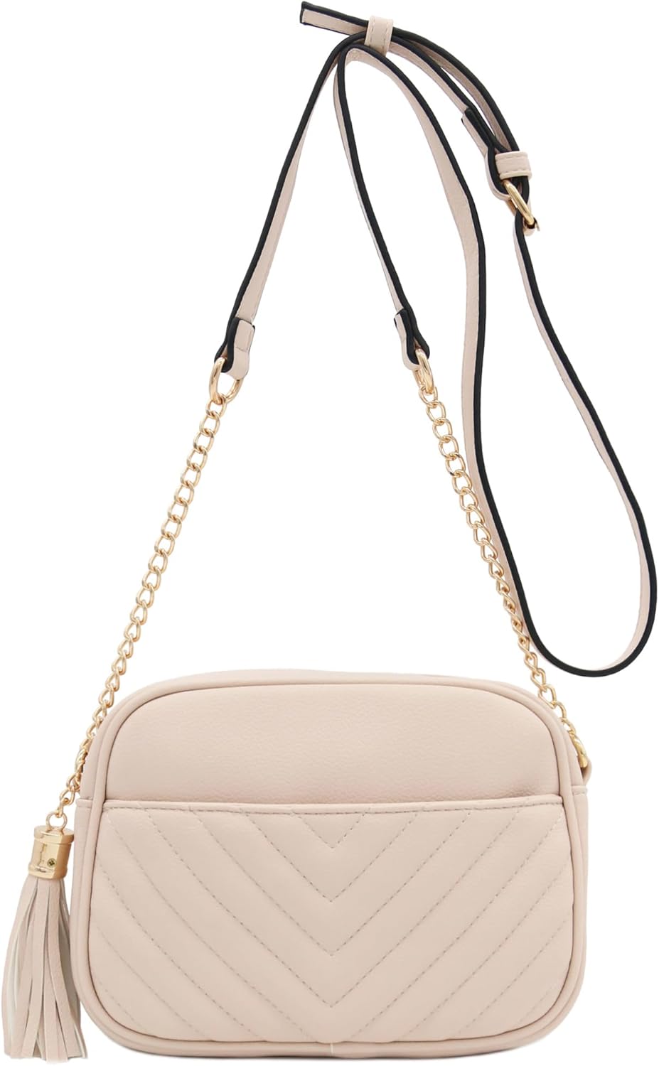 FashionPuzzle Chevron gesteppte Crossbody-Kameratasche mit Kettenriemen und Quaste Nude, Nude