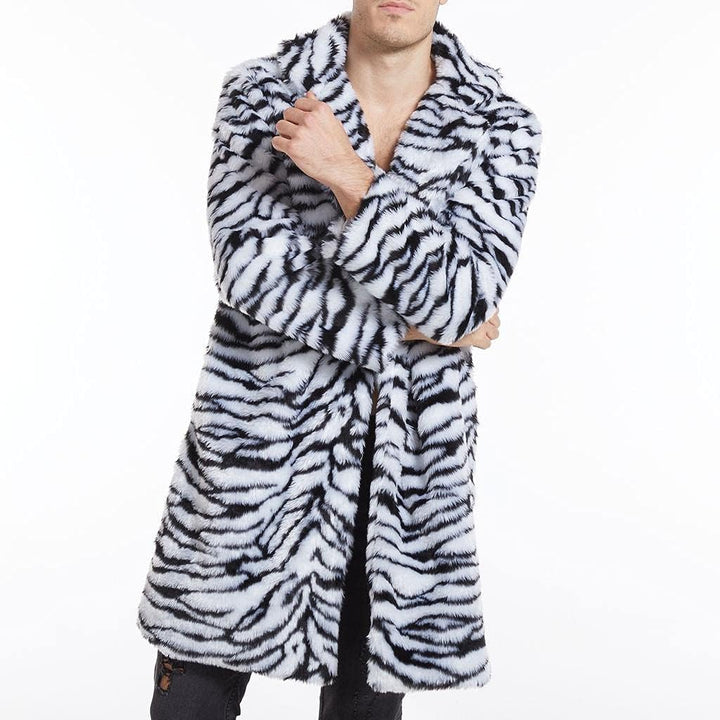 Celucke Pelzmantel Herren Lang Kunstpelz Mantel Leopard Strickjacke Reverskragen Winterjacke Warme V