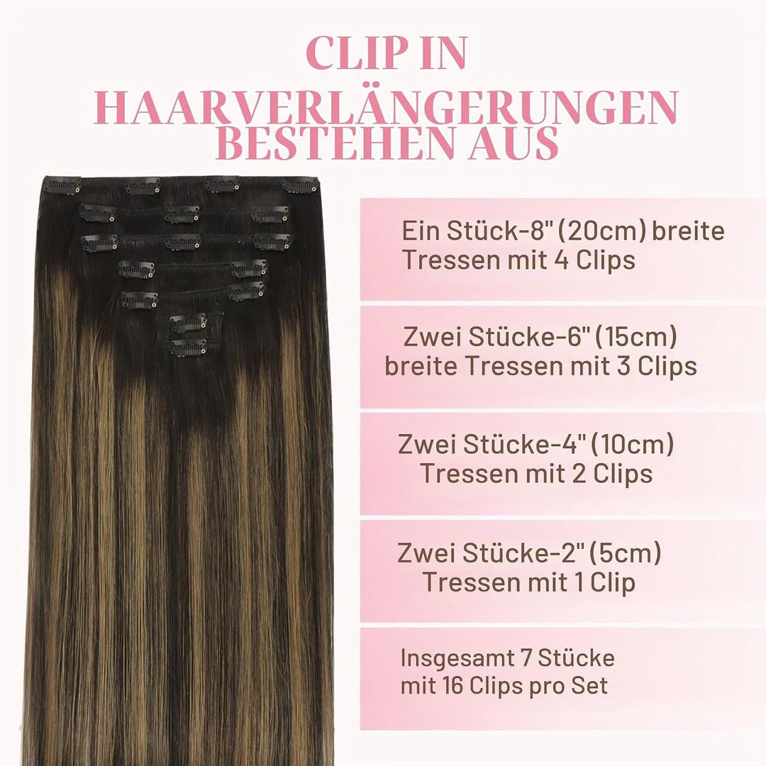 GOO GOO Echthaar Extensions Clip, 35cm 14 Zoll 120g 7 Stück Balayage Naturschwarz Gemischt Kastanien