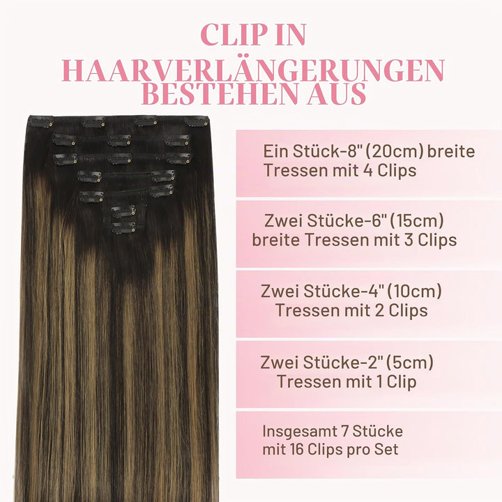 GOO GOO Echthaar Extensions Clip, 35cm 14 Zoll 120g 7 Stück Balayage Naturschwarz Gemischt Kastanien
