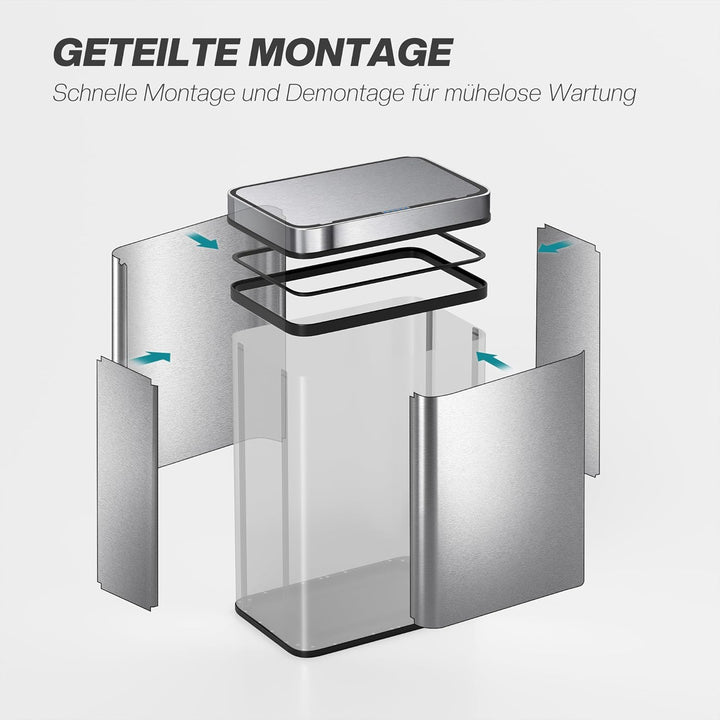 HOMCOM Mülleimer mit Sensor 50L Edelstahl Leiser Automatischer Abfalleimer mit Soft-Close-Deckel, Fi