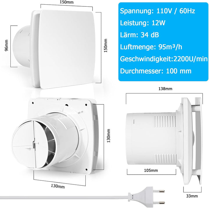 Badlüfter 100mm mit Rückstauklappe Leise Abluftventilator 12W Badezimmer Lüfter Wandventilator Lüfte