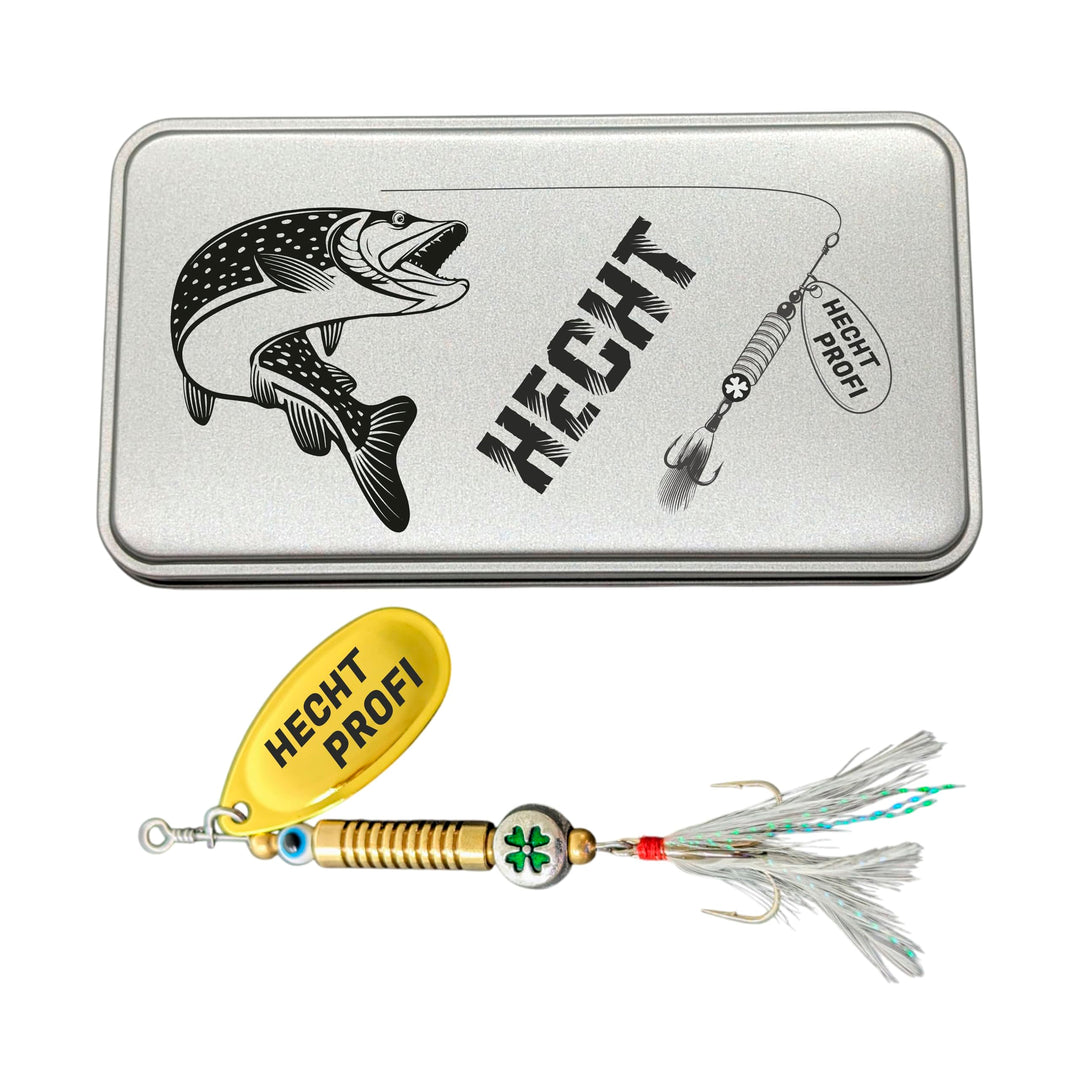 Anglergeschenk mit Gravur - Männer - Frauen - Angelköder - Angelhaken - Spinner - Glücksfisch (Hecht