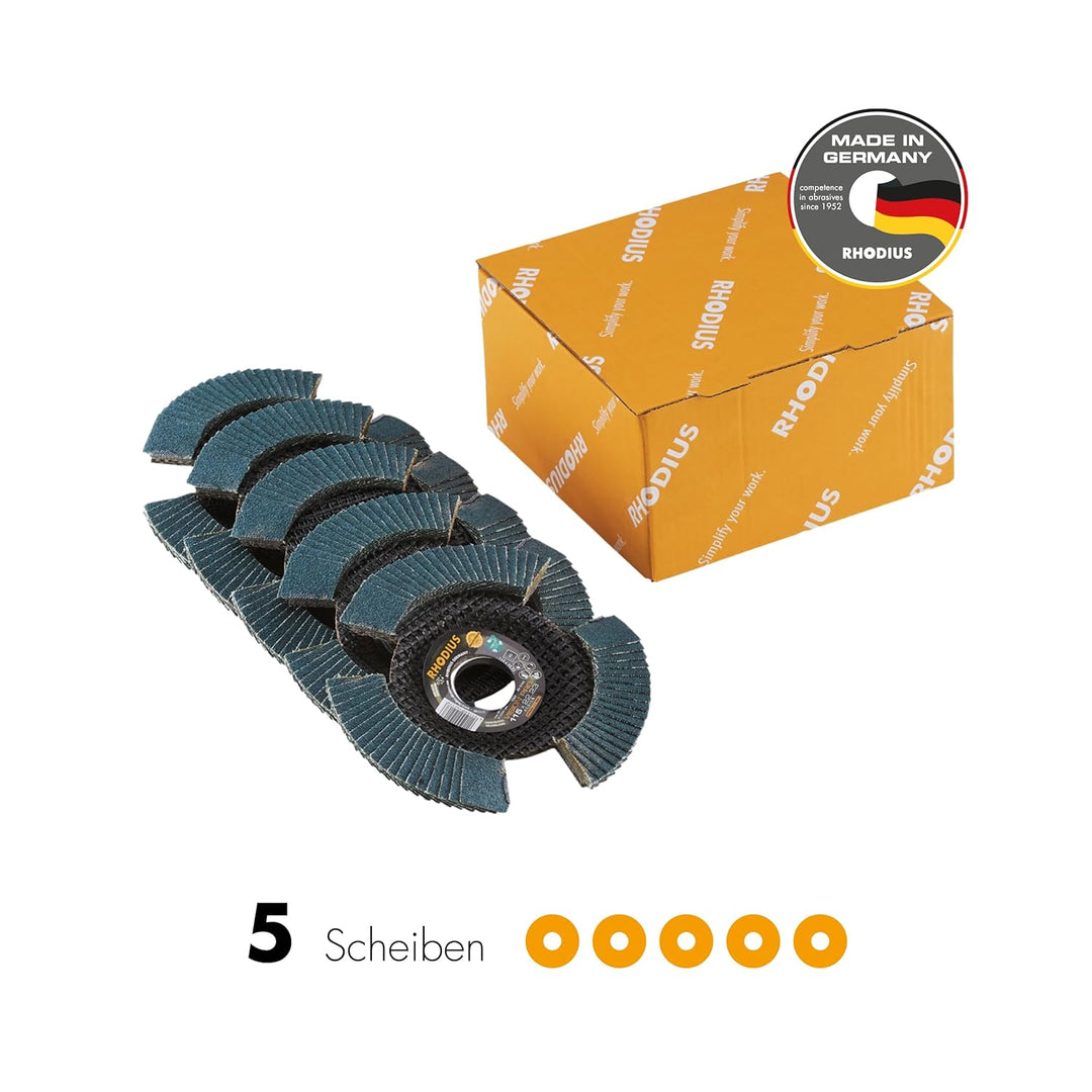 RHODIUS VISION PRO, 5 Stück Ø 115 mm K40 Fächerscheiben durchsichtig, Made in Germany, Metall Edelst