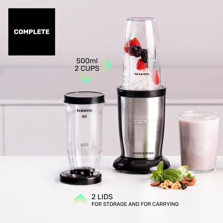 Taurus Tragbarer Rührgerät Küchenmixer | 1000 W Leistung | 2 Gläser à 500 ml | Zerkleinerer mit 150