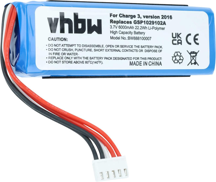 vhbw Akku kompatibel mit JBL Charge 3 2016 | Lautsprecher Boxen Speaker (6000 mAh, 3,7 V, Li-Polymer