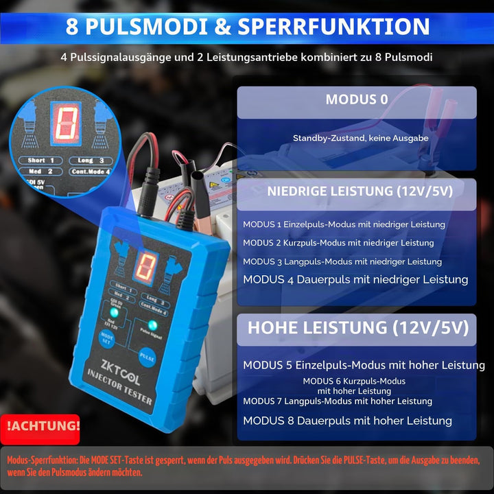 ZKTOOL Universal Einspritzdüsen Reiniger und Tester Set mit 8 Adaptern | Bietet 8 Impulsmodi &amp; 4-Dra