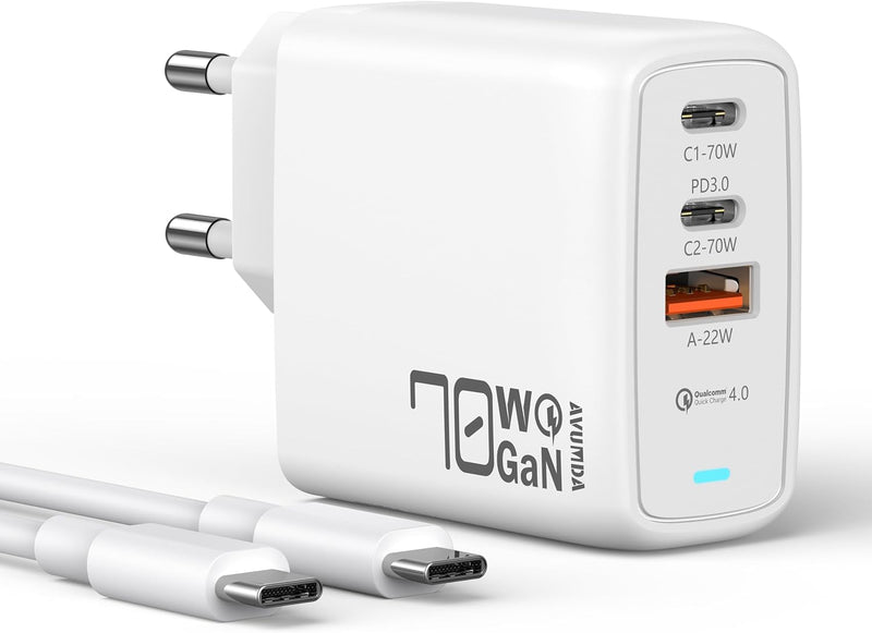 AVUMDA 70W USB C Ladegerät,3 Port USB C Netzteil GaN III Schnellladegerat kompatibel mit MacBook Pro