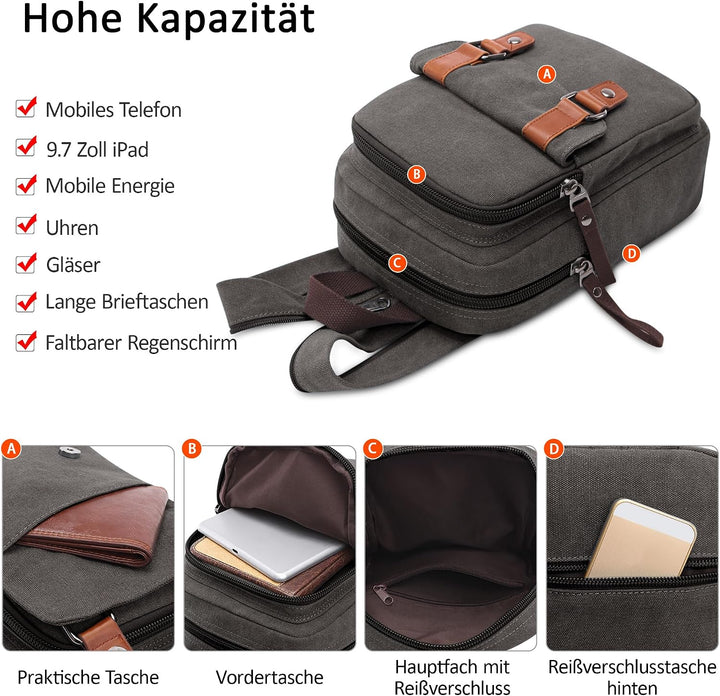 DORRISO Herren Rucksack Damen Klein Tagesrucksäcke Mode Brusttasche Sling Bag Leinwand Schultertasch