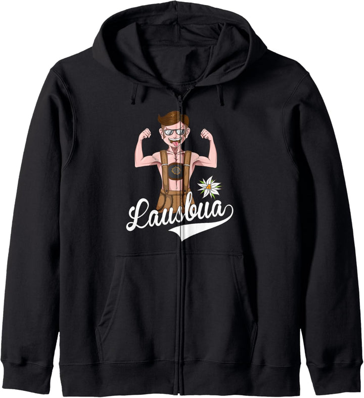 Lausbua Lederhose Bayern Tirol Apres Ski Party coole Brille Kapuzenjacke