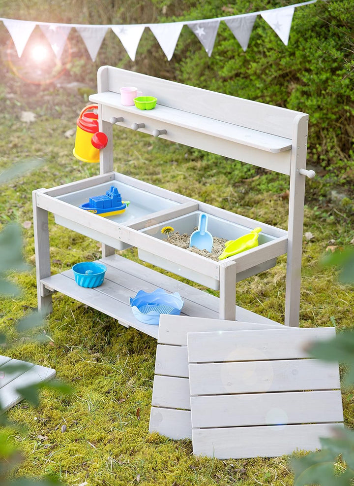 roba Kinder Outdoor Gartenküche Fun - Holz Matschküche mit abnehmbarer Abdeckung - 2 Kunststoff-Wann