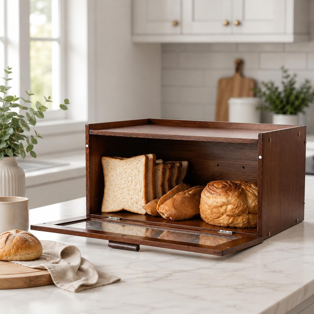 Bambus Brotkasten für Küche Aufbewahrungsbox Tansparent Fenster Brotkasten Stapelbar… (Braun), Braun