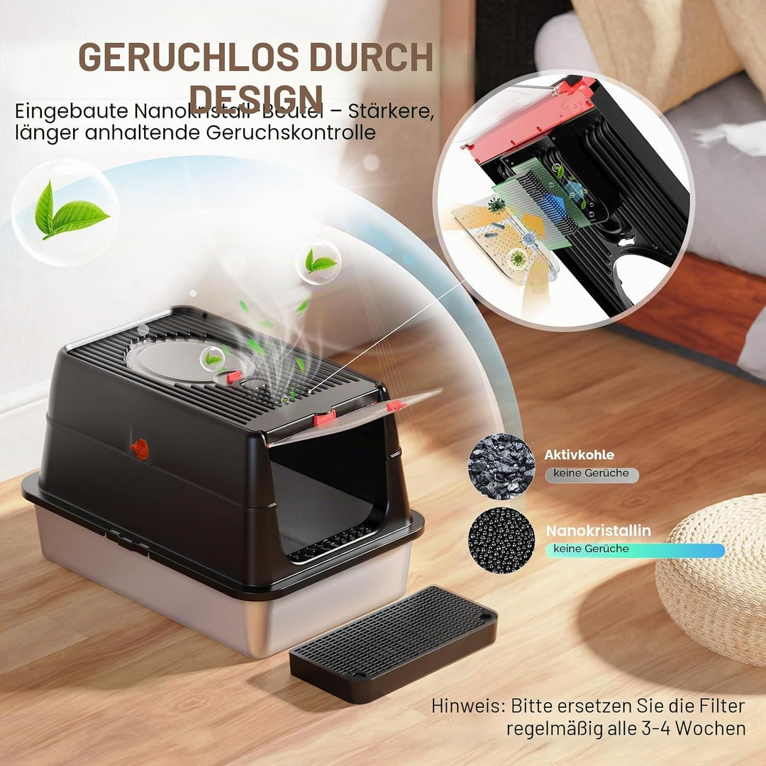 Edelstahl Katzenklo XXL aus V2A – 62 cm Geschlossene Katzentoilette mit 160° Klappdeckel, 3-in-1 Des
