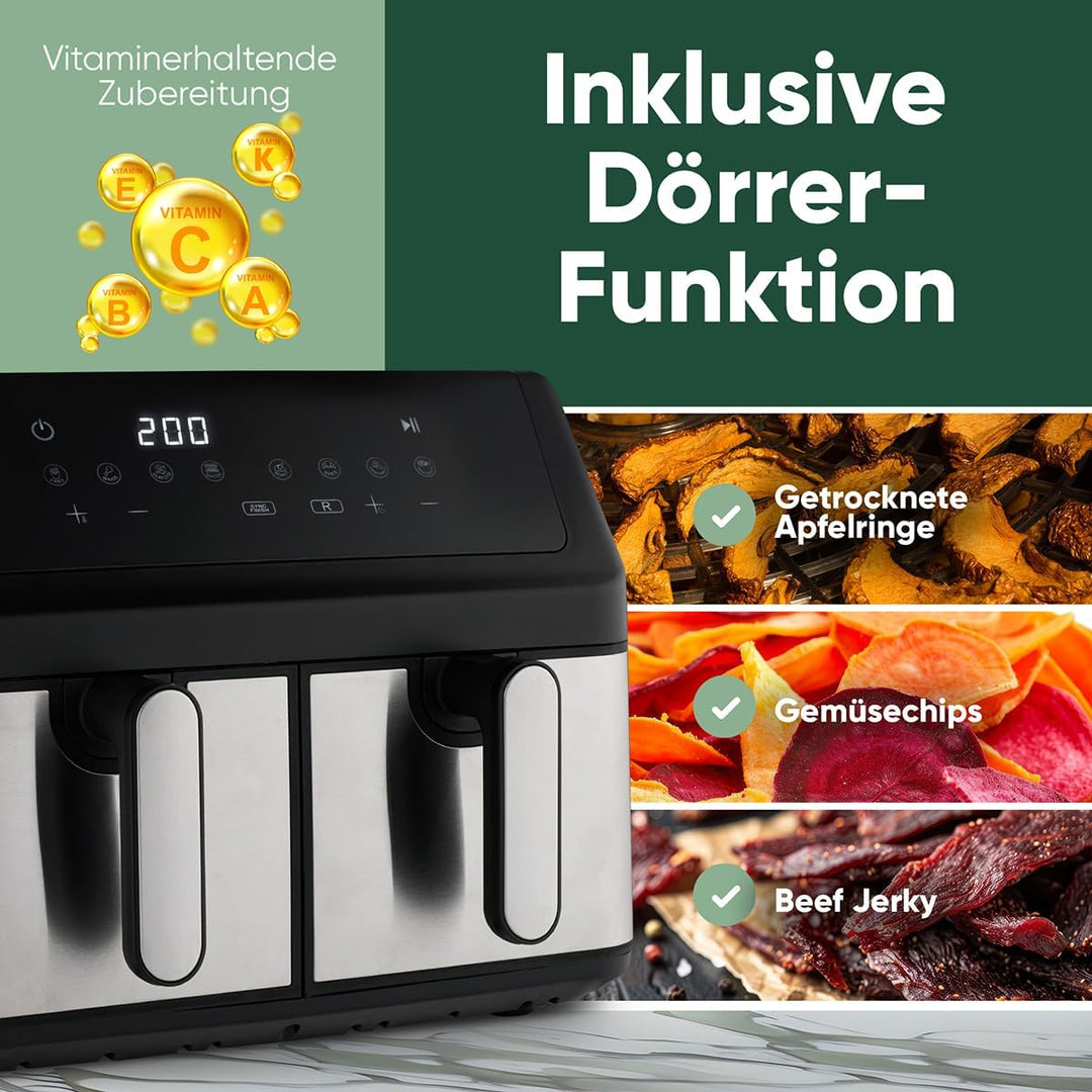ProfiCook® Heissluftfritteuse 2 Kammern | Airfryer | 9 Liter | Heissluftfritteuse mit Zeitgleich-fer