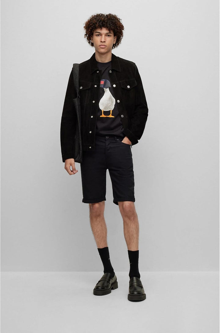 HUGO Herren 634/S Schwarze Tapered-Fit Shorts aus bequemem Stretch-Denim mit Stay-Black-Finish, 28