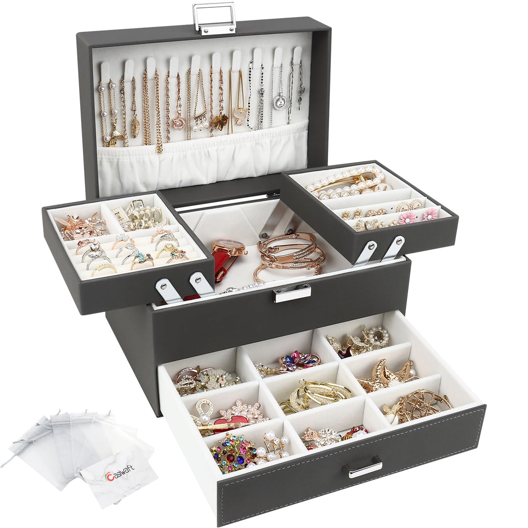 Schmuckkasten, Schmuckkästchen mit Schubladen für Damen Mädchen, PU-Leder Jewelry Box Schmuckbox Sch