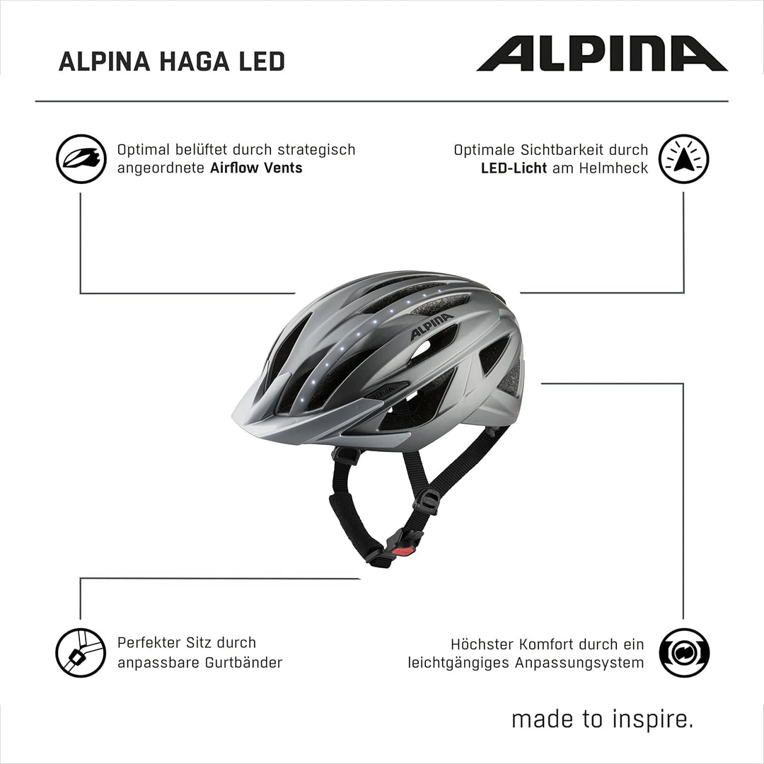 ALPINA HAGA LED - Stossabsorbierender, Beleuchteter & Optimal Anpassbarer Fahrradhelm Mit Integriert