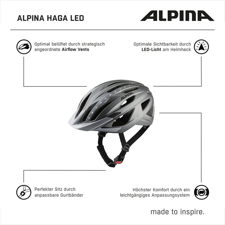 ALPINA HAGA LED - Stossabsorbierender, Beleuchteter & Optimal Anpassbarer Fahrradhelm Mit Integriert