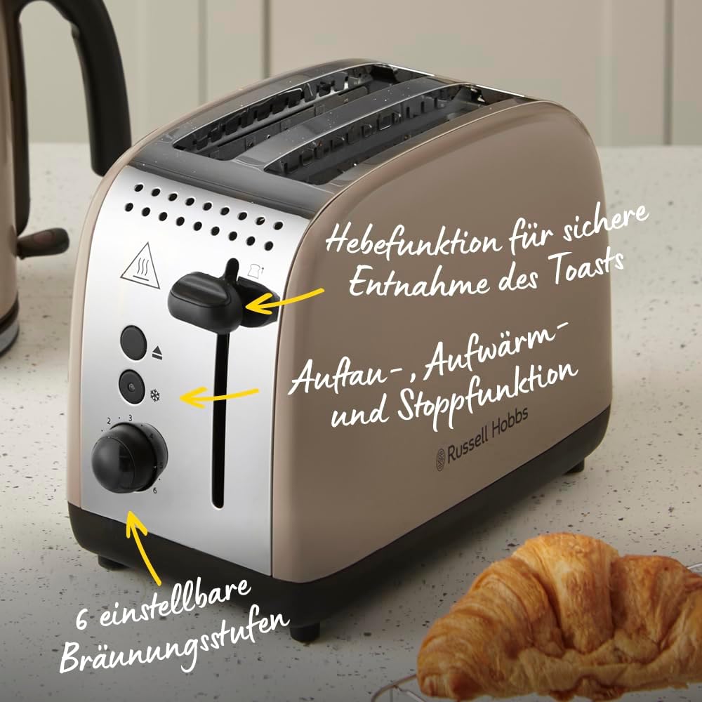 Russell Hobbs Toaster [für 2 Scheiben] Colours Plus Mocha (6 Bräunungsstufen, breite Toastschlitz, S