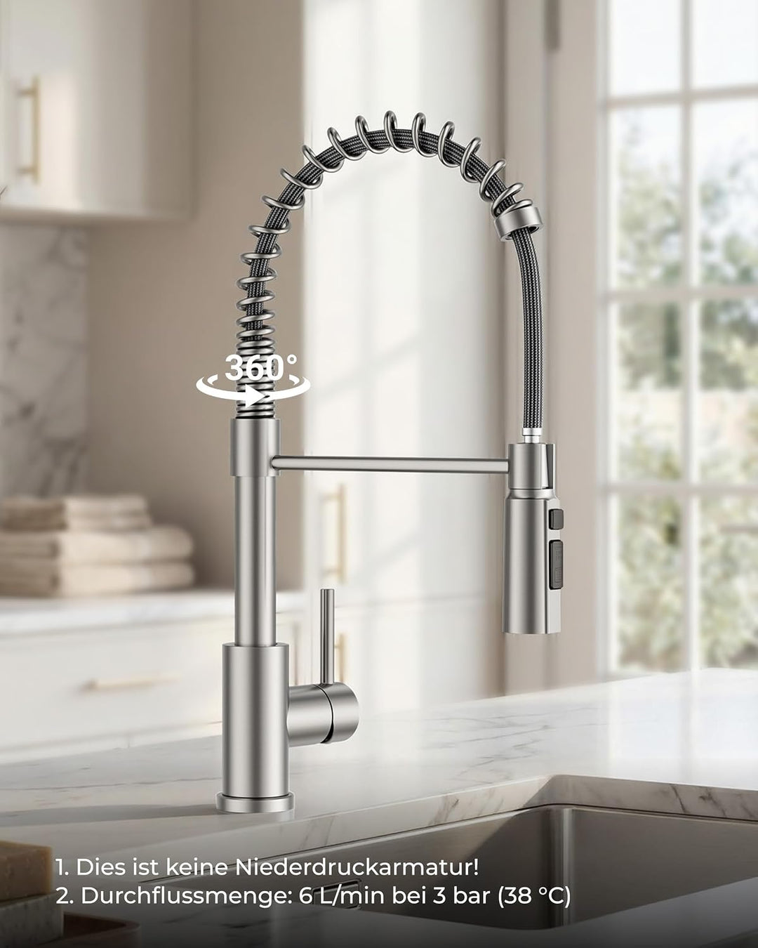 FORIOUS Wasserhahn Küche, Ausziehbare Küchenarmatur, Einhebel-Mischbatterie Küche mit 3 Strahlfunkti