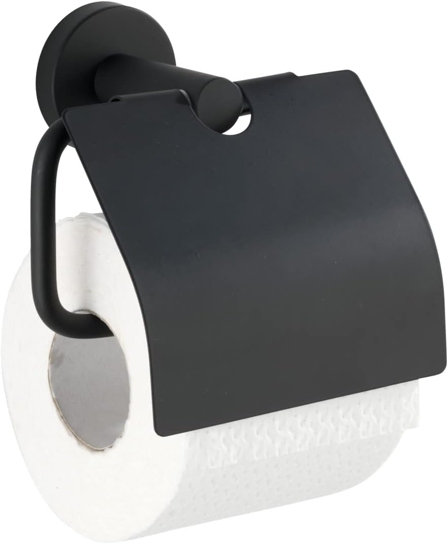 WENKO Toilettenpapierhalter Edelstahl Bosio Black matt mit Deckel - WC-Rollenhalter, mit Deckel, Ede