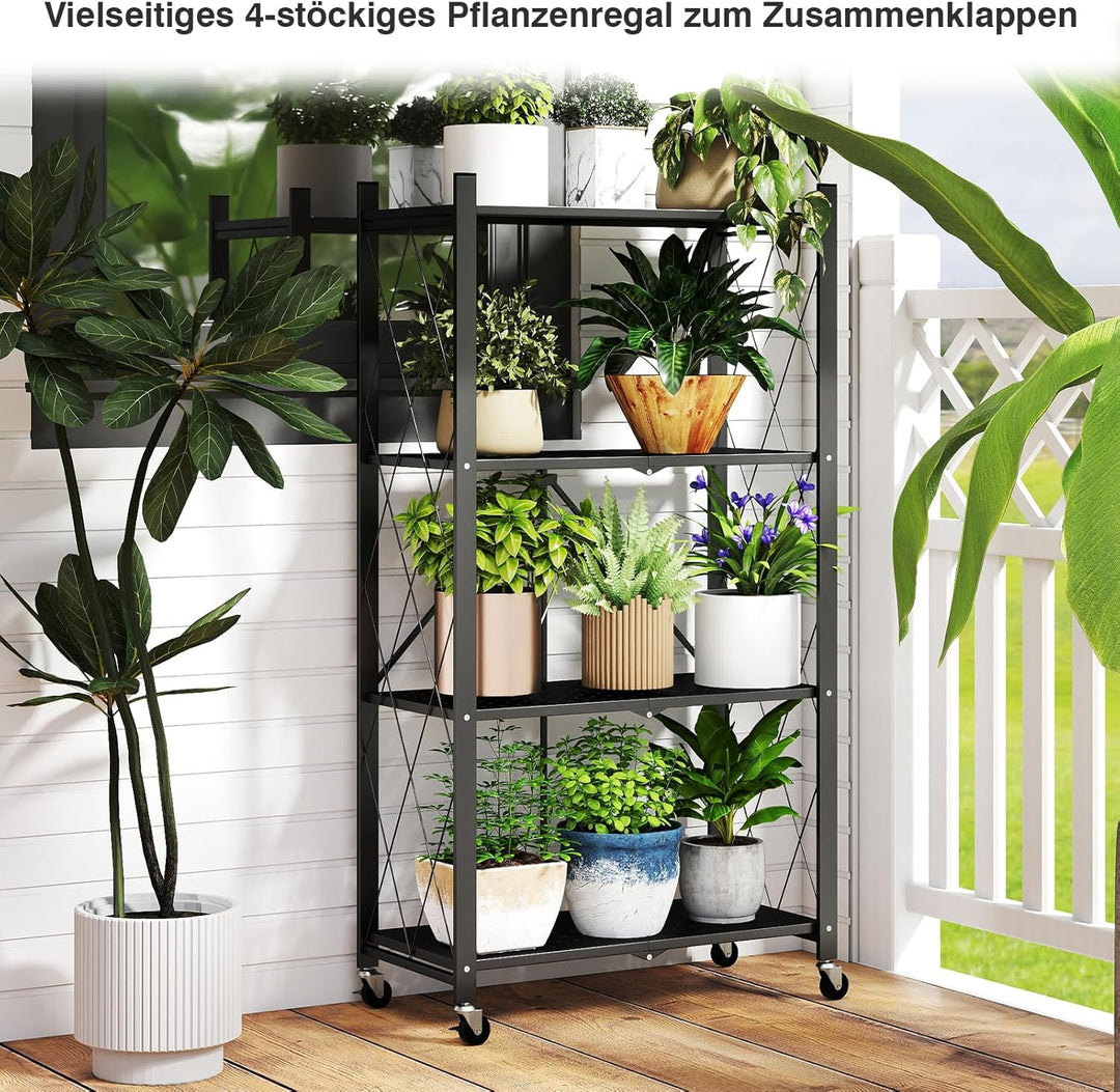 ALANNG Blumenständer mit Rädern, 4 Ablagen Stabiler Pflanzenständer, Metall Pflanzenregal Indoor Ein