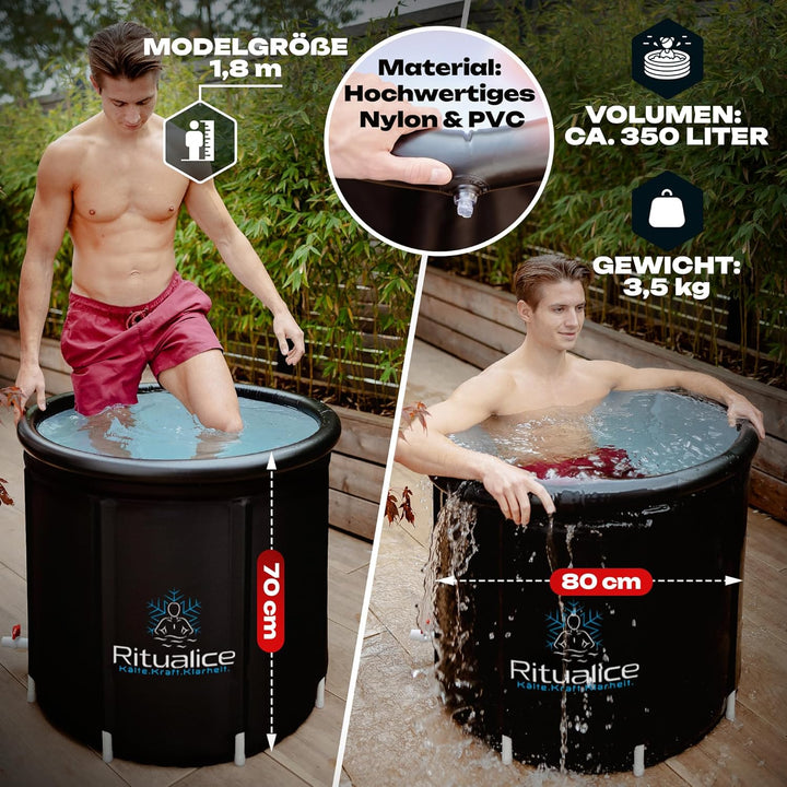 Ritualice® Eisbad (80 cm Ø) XL Komplettset - TESTSIEGER - Eistonne Set mit Deckel, Stoffbezug und XL