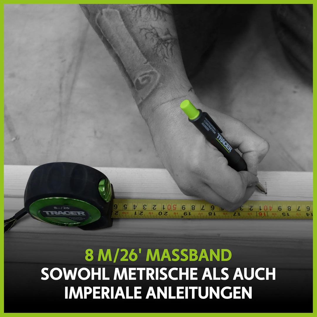 TRACER 8m Automatisches Feststellband (nylonbeschichtetes Massband mit Magnethaken und automatischer
